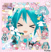 a picture of hatsune miku surrounded by hello kitty and my melody stickers