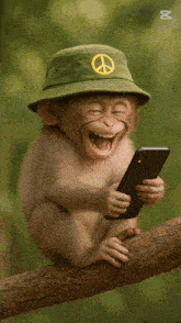 a monkey wearing a hat that has a peace sign on it