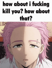 a picture of a person with pink hair and the words how about i fucking kill you