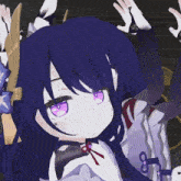 a cartoon character with purple hair is holding a black object
