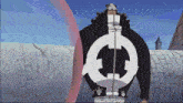 a cartoon character with a large circle on his torso