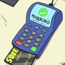 a cartoon of a mastercard machine with a sube black credit card