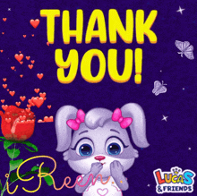a lucas and friends greeting card with a rabbit and hearts