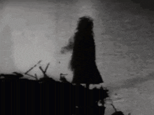 a black and white photo of a silhouette of a woman standing on top of a pile of trash .