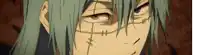 a close up of a person 's face with green hair and stitches on it .
