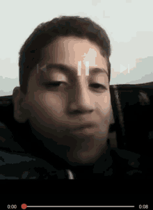 a close up of a person 's face with a play button on the bottom