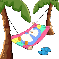 a pixel art penguin is sleeping in a hammock between two palm trees