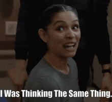 a woman is making a funny face with the words i was thinking the same thing below her
