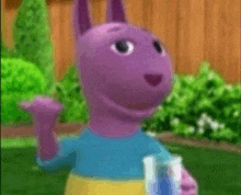 a purple cartoon character from the backyardigans is holding a bottle of water .