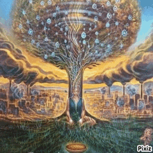 a painting of a woman sitting under a tree with a bowl of seeds in front of her
