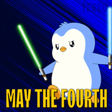 a penguin is holding two lightsabers and the words may the fourth are above it