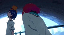 a couple of anime characters looking up at something