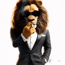 a lion wearing a suit and sunglasses smoking a cigarette