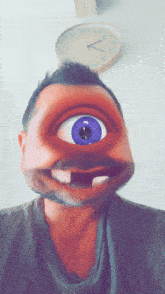 a man with a cartoon face and a clock on the wall behind him that shows the time as 10:10