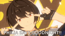 philia says goodnight in front of a cartoon character