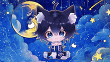 a cartoon drawing of a cat sitting in front of a full moon