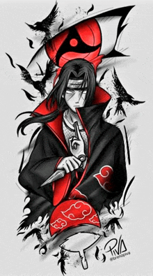 a black and white drawing of itachi uchiha from naruto holding a knife and surrounded by birds .