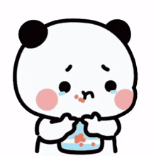 a cartoon panda bear is crying while holding a bottle of water .