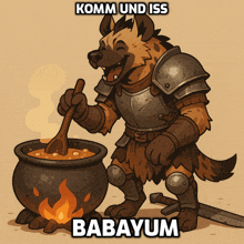 a cartoon of a hyena in armor stirring a pot of soup with the words komm und iss babayum above it