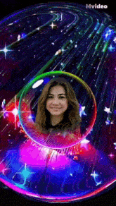 a picture of a woman in a bubble with the word mvideo on the bottom right