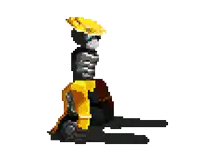 a pixel art of a robot with a yellow hat and sunglasses