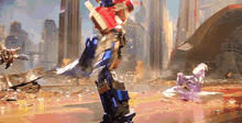 a robot is standing in a destroyed city with a purple object in the foreground