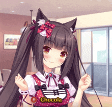 a girl with a cat ear and the name chocola on her shirt