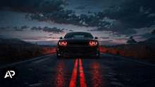 a dodge challenger is driving down a road with red lines