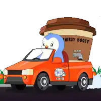 a penguin is driving an orange car with a cup of coffee on the back that says energy boost