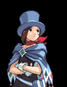 a pixel art drawing of a girl wearing a top hat and cape