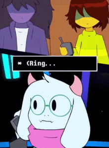 a cartoon character says ring while holding a cellphone