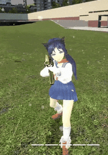a girl with cat ears is holding a gun in a field