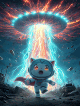 a cat in a space suit is standing in front of an ufo