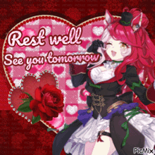 a picture of a girl with red hair and a red rose with the words rest well see you tomorrow
