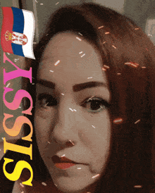 a woman 's face is surrounded by a flag and the word sissy