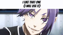 a close up of a purple haired anime character with purple eyes and the words `` i like that one i will use it '' .