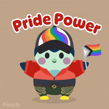 a cartoon character holding a rainbow flag with the words pride power written above him