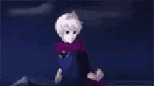 a boy with white hair and a purple scarf is standing in the dark .