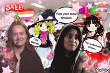 a collage of cartoon characters with a sale sign behind them