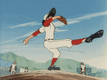 a cartoon of a baseball player throwing a ball with the letter a on his shoe