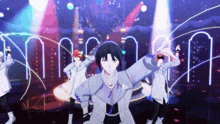 a group of anime characters are dancing on a stage in a video game .