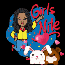 a cartoon of a girl and a teddy bear with the words girls nite in red
