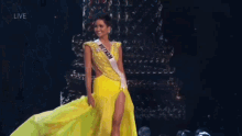 a woman in a yellow dress is walking on a stage .