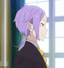a girl with purple hair is wearing a black suit and a yellow tie