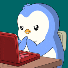 a cartoon penguin is sitting at a desk using a laptop