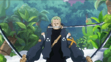 a man in a black jacket is holding two swords in front of trees