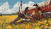 a painting of a woman laying in a field of flowers by kung ai