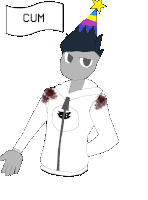 a drawing of a person wearing a party hat and a hoodie that says cum