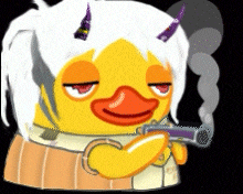 a duck with horns is holding a gun and smoking a cigarette