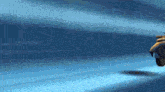 a cartoon character is riding a motorcycle in a blue background